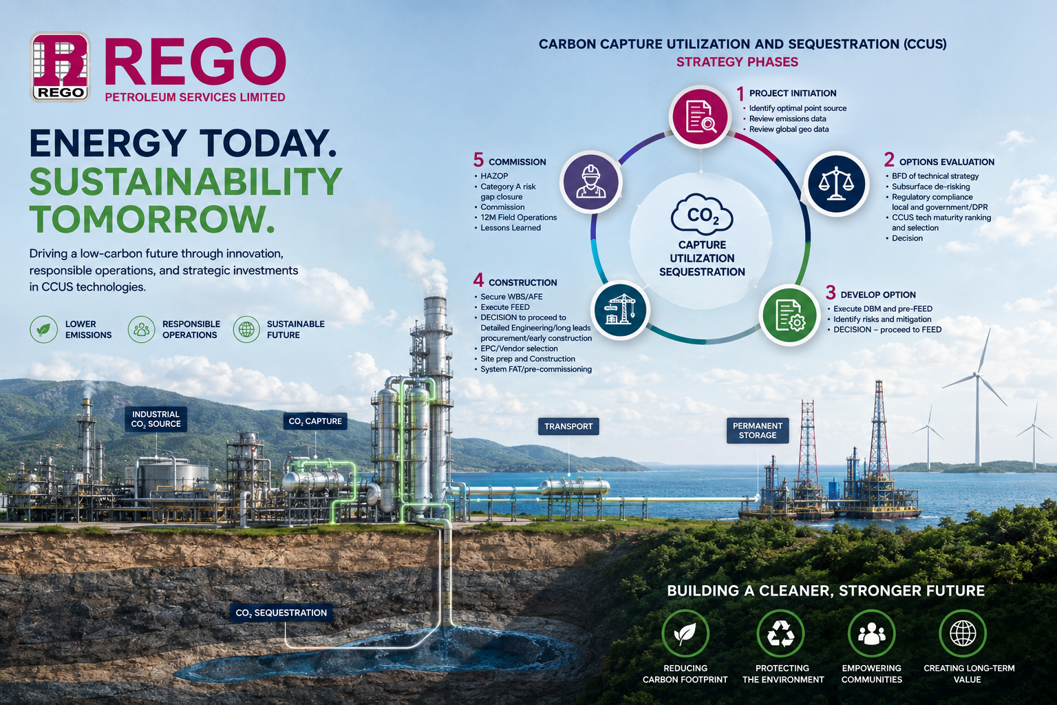 Sustainability Carbon Capture Utilization and Sequestration (CCUS) Strategy Phases: PROJECT INITIATION: Identify Optimal point source, Review Emissions data, Review global geo data. OPTIONS EVALUATION: BFD of technical strategy, Subsurface de-risking, Regulatory compliance local and government/DPR, CCUS tech maturity ranking and selection, Decision. DEVELOP OPTION: Execute DBM and pre-FEED, Identify risks and mitigation, DECISION – proceed to FEED. CONSTRUCTION: Secure WBS/AFE, Execute FEED, DECISION to pro